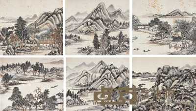 秦祖永 乙亥（1875年）作 山水 册页（八开选六） 36×31cm×6